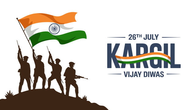 Kargil Vijay Diwas victory banner with soldier silhouettes hoisting the Indian tricolor flag on mountain peak over isolated white background
