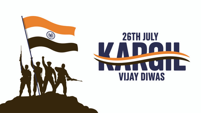 Kargil Vijay Diwas victory banner with soldier silhouettes hoisting the Indian tricolor flag on mountain peak over isolated white background