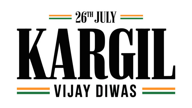 Kargil Vijay Diwas minimalist typographic greeting banner with 26th July date and Indian flag tricolor accent lines on isolated white background