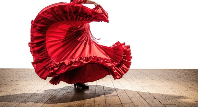 Vibrant red ruffles swirl across a rustic wooden floor as movement and light capture the intense energy of traditional rhythmic performance, shoes, vibrant, blur