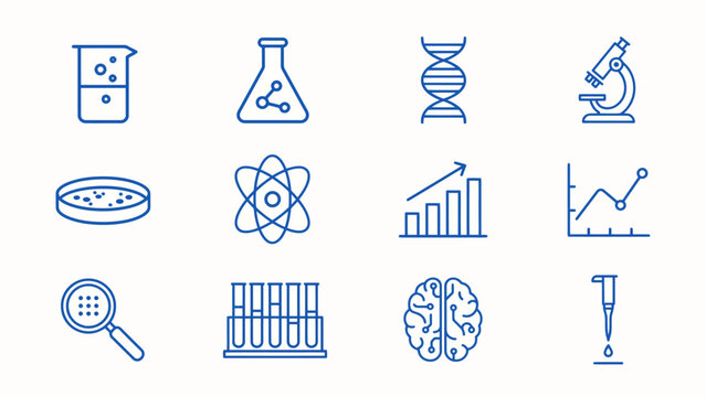 Science icons on white background blue line art illustrations symbols biology