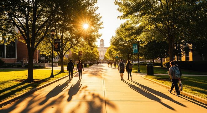 Warm golden sunlight bathes a serene tree-lined campus pathway, where shadows and backpacks suggest an aspiring and bright academic path, vivid, knowledge, light