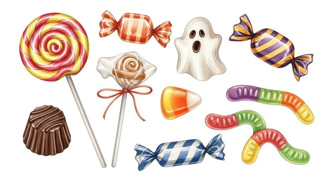 Watercolor collection of assorted Halloween candy treats like lollipops, chocolates, and sweets professionally isolated on white background, illustration, black, graphics