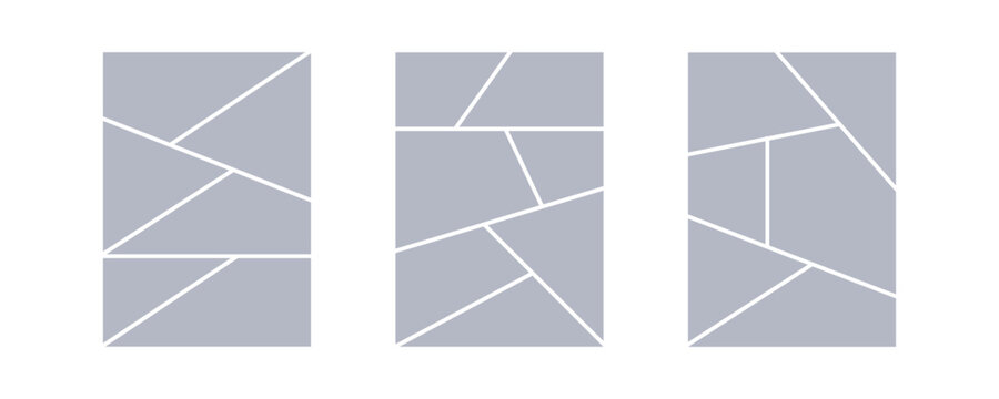 Image collage layout template. Grey mosaic mood board grid collection. Picture frame set. Photo album idea for banner, poster, comic page, flyer, brochure, booklet, memory wall design. Vector pack