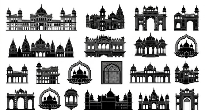 Minimalist Janaki Temple Monument Black Vector Silhouette Set