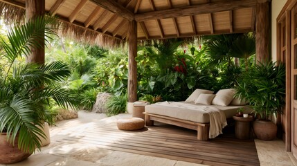 Fototapeta premium Tropical bungalow outdoor daybed relaxing green retreat