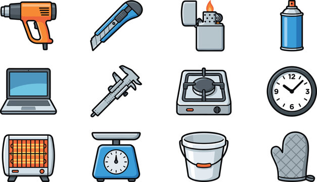 Home appliances and workshop tools set, heat gun, digital caliper, pocket lighter, gas stove vector illustration