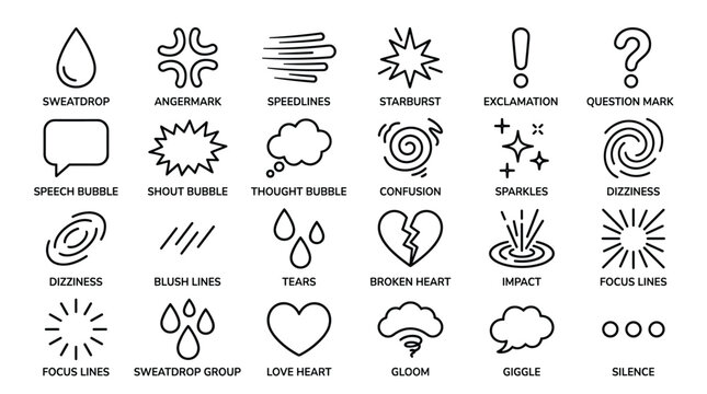 Manga emotion icons set line art style with sweatdrop angermark starburst speedlines bubble speech thought confusion sparkles dizziness tears heart and impact shapes.