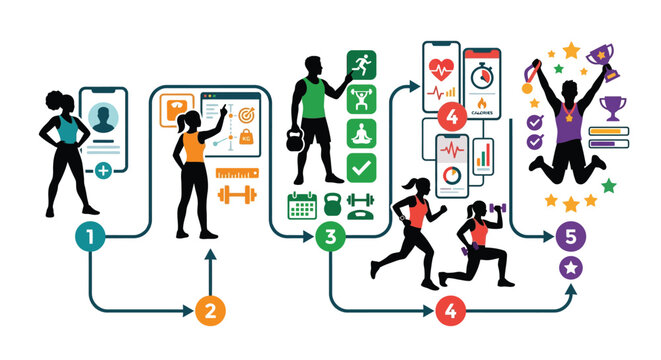 Fitness journey roadmap with mobile app tracking and goal achievement