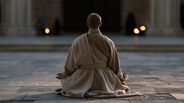 Monk seated in pre-dawn dimness on a stone floor, back straight, hands resting open on knees, breath visible in cold morning air, contemplative prayer practice captured as wide