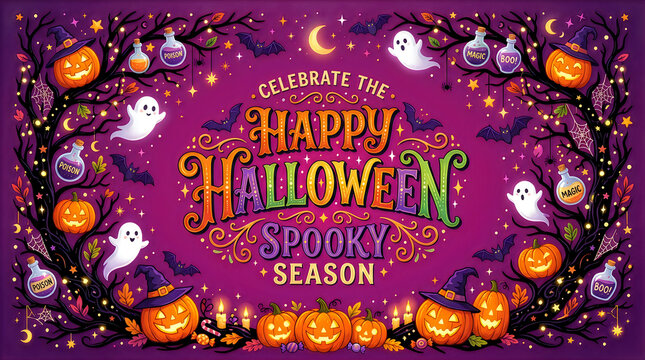Happy halloween spooky season illustration pumpkins ghosts and bats for festive designs
