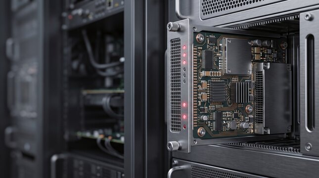 Secure network firewall hardware mainframe component 3D illustration with copy space