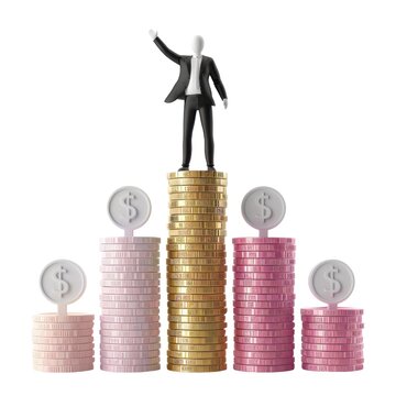 Miniature man balancing on tall coin stack success concept isolated on white transparent background