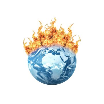 Burning planet Earth with flames global warming concept isolated on white transparent background