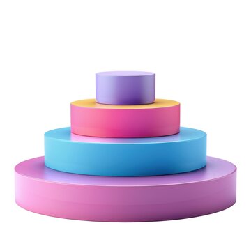 Layered cylinder podium stack in pink blue purple isolated on white transparent background