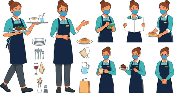 Female Waitress Wearing Face Mask Character Set with Restaurant Serving Poses, Food Delivery, Menu Presentation and Hospitality Staff Flat Vector Illustration