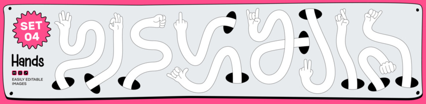 Cartoon stretching hands set with Flexible Long Arms and different gestures emerging from holes for creative design and Illustration - Set 04