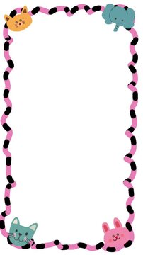 Vertical animated cute cartoon animal border with a playful hand drawn frame and blank center for kids themed creative designs.