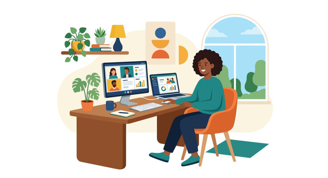 Remote work illustration woman participating in video conference with data analytics displayed