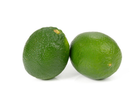 Fresh Green Limes Isolated on White Background &ndash; Whole Citrus Fruits Close-Up Front and back side