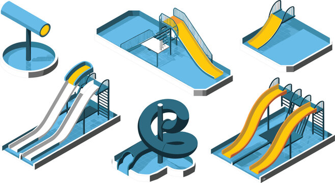 Water slide vector icon set, isometric waterpark swimming pools amusement park elements isolated graphic illustration templates
