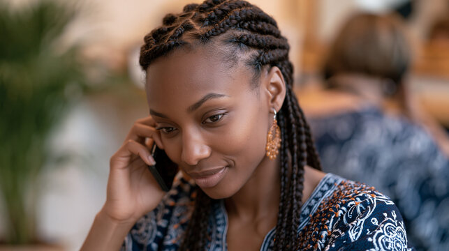 Nigerian woman in her thirties at hairdresser receiving traditional braiding, mother on phone call from home country giving instruction she quietly ignores, cultural shame