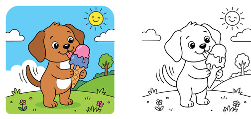 Cute dog licking ice cream cone coloring book page for kids, cartoon puppy under sun vector illustration, colored and outline contour sheet.