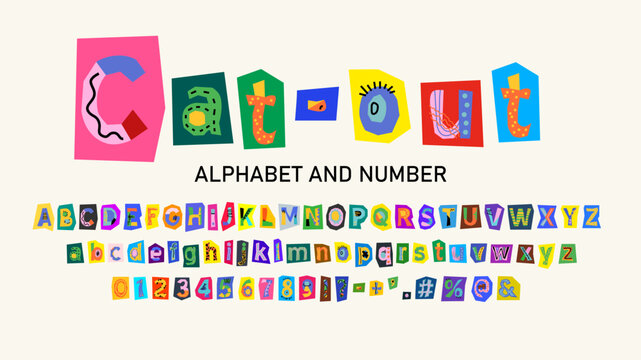 Playful cut out magazine alphabet font with colorful cartoon letters and numbers in naive doodle Y2K style, retro scrapbook typography for kids design