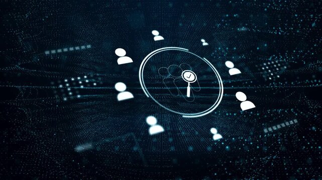 Futuristic digital concept showing leadership search and team management with data network, magnifying glass, and global tech background. 3d Rendering.