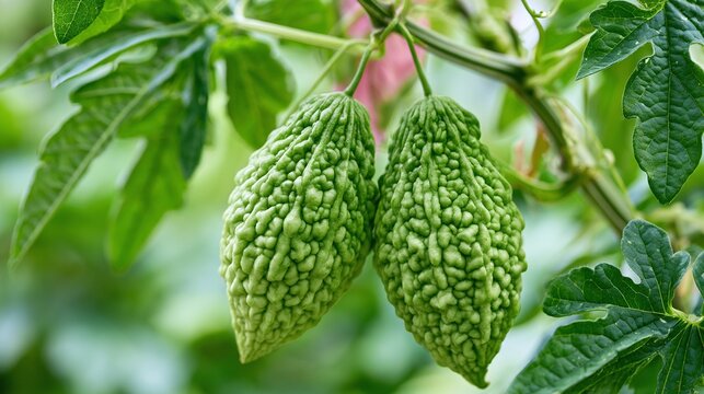 Two Vibrant Green Bitter Melon Gourd Vegetables Hang Delicately from a Lush Vine, Showcasing Their Unique Textured Skin and Fresh Natural Beauty in a Garden Setting
