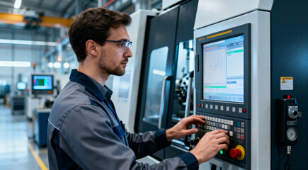 Fototapeta premium Professional CNC technician using control panel in advanced manufacturing environment