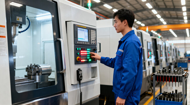 Manufacturing engineer operating CNC machine with computerized control system in high-tech factory