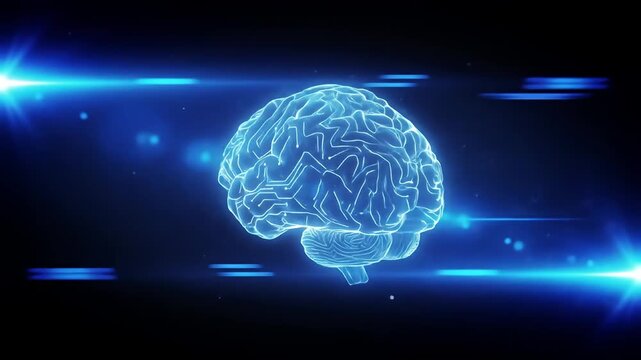Bioluminescent brain with circuitry on a black background with blue light streaks