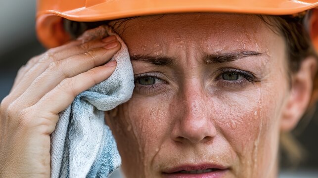 Close-up portrait of a hardworking woman in an orange safety helmet, her brow furrowed in concentration, wiping excessive sweat from her face during strenuous outdoor labor