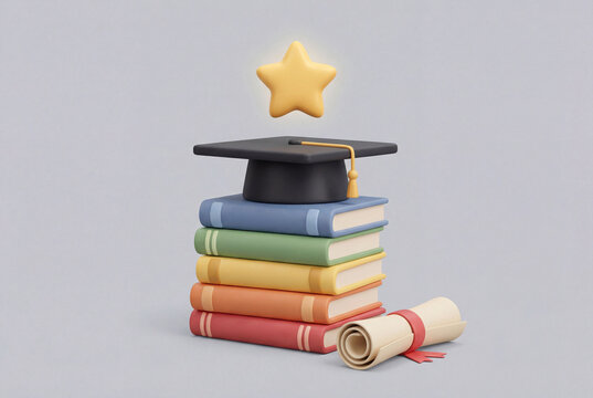 3D graduation cap on colorful stack of books with star and diploma scroll, academic success, higher education concept, cartoon style study elements isolated on grey background