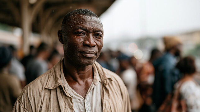 Rain-soaked Ghanaian man standing alone on a crowded urban commuter platform, surrounded by jostling strangers, eyes fixed on the middle distance, city transit noise implied,