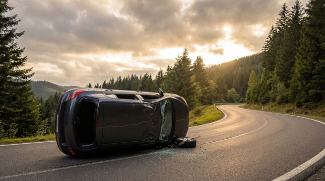 Damaged gray car overturned on a winding mountain road after a rollover accident, with shattered glass on the asphalt and pine trees under an evening sky