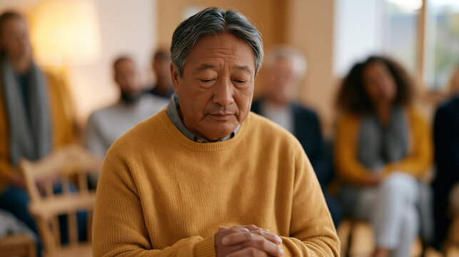 Vietnamese widower attending a grief support circle in a community center, seated in a ring of mismatched chairs with others of varied ages, his hands folded and eyes downcast but