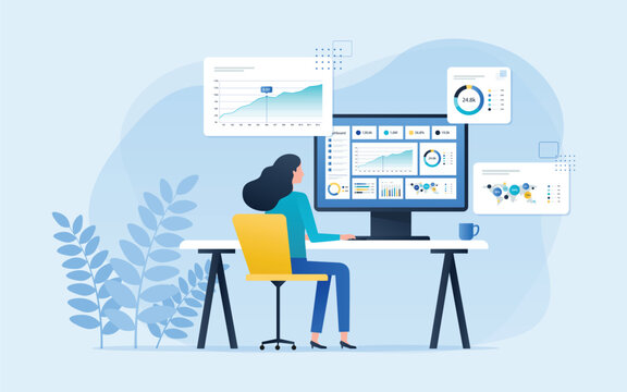 flat vector illustration of a professional office workspace featuring a business analytics dashboard, KPI monitoring, performance charts, data visualization, with admin working