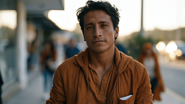 Peruvian man in his late twenties walking out of an unemployment office, job listing printouts folded in his jacket pocket, pausing on the sidewalk to straighten his spine before