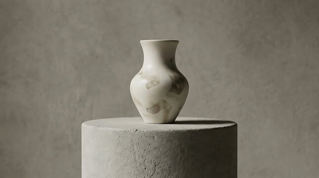 Minimalist ceramic vase standing on a textured cimento queimado pedestal against a neutral grey wall for modern interior design and luxury home decor