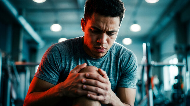 Athlete suffering knee pain sitting in gym after workout