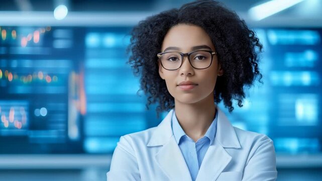 Young female scientist wearing laboratory coat standing in advanced research facility with digital screens in background