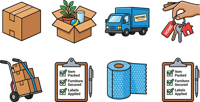 House moving and relocation service set, packing boxes truck clipboard vector illustration icons
