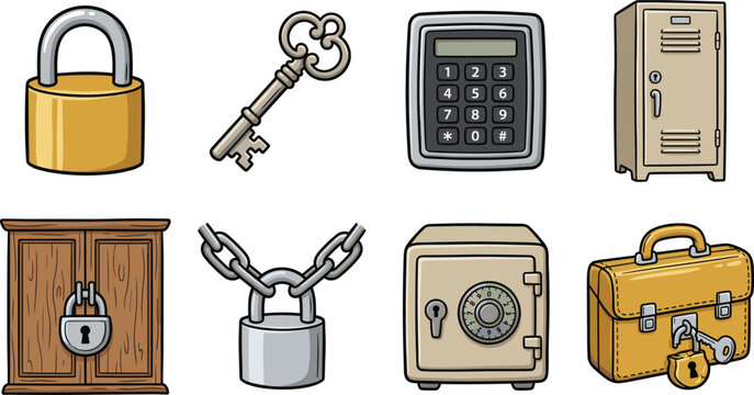Security locks and keys set, safe box padlock briefcase vector illustration icons