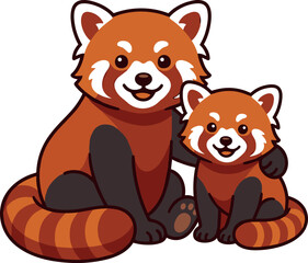 Obraz premium Cute Red Panda Mother and Baby Cartoon Vector Illustration Sitting Together Happily for Kids Books Wild Life Education and Wildlife Conservation Designs