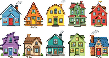Naklejka premium Set of colorful cartoon houses, cute residential building vector illustrations, real estate property collection