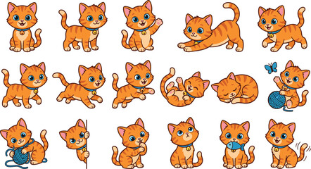 Obraz premium Cute Orange Ginger Cat Cartoon Character Collection with Blue Collar, Playing with Yarn, Sleeping, and Hunting Fish Poses for Children Books and Kawaii Stickers