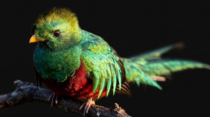 Fototapeta premium A beautiful resplendent quetzal bird with vibrant green and red feathers perches on a branch in natural light.