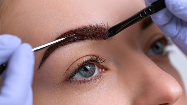 Close up of a female eye during an eyebrow tinting or lamination procedure with a skilled specialist applying solution, showcasing beauty enhancement and precise care